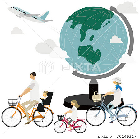 家族がサイクリングで回る海外旅行のイラストのイラスト素材