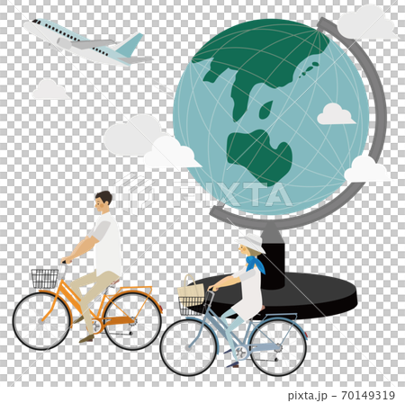 サイクリングをする男女と地球儀のイラスト サイクリングをする男女と地球儀のイラスト 70149319