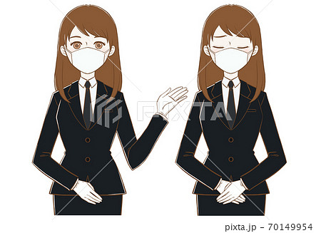 マスクの葬儀スタッフの女性 案内とお詫びのイラスト素材