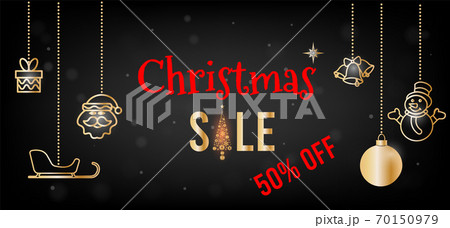 Christmas sales banners with shining sleigh and gold christmas icon on black background. For posters, banners, sales and other winter events.  Vector illustration EPS 10 70150979