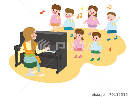保育園 幼稚園で歌を歌う園児たちとピアノを弾く先生のイラスト素材
