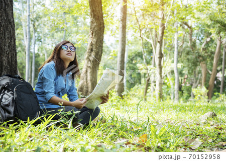 Happy hipster asian tourist travel in Asia backpack with smiling face and happiness  70152958