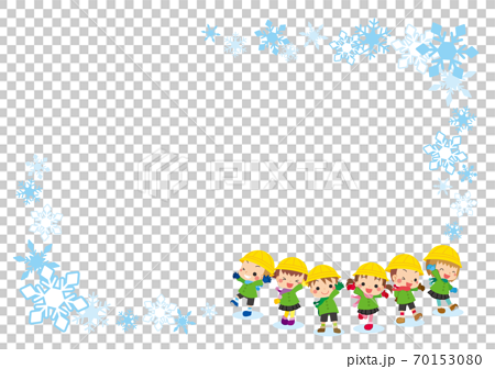 冬服を着た可愛い幼稚園児キッズグループのイラスト 雪の結晶フレームのイラスト素材