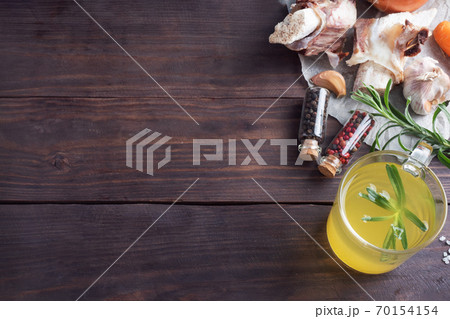 Beef bone and vegetable ingredients for cooking broth. Healthy food with collagen and amino acids. Copy space. 70154154