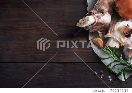 Beef bone and vegetable ingredients for cooking broth. Healthy food with collagen and amino acids. Copy space. 70154155