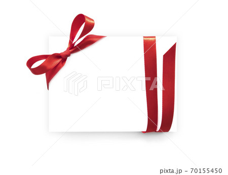 Paper note card with ribbon row on white background 70155450