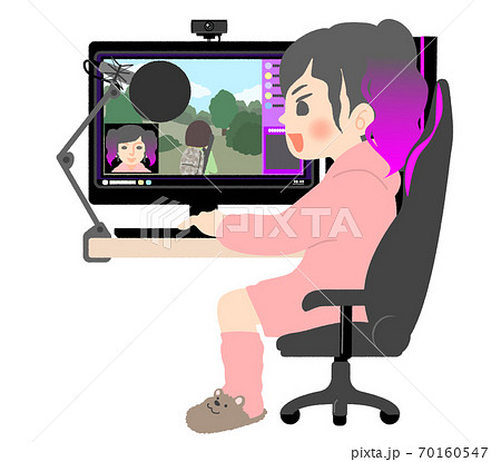 おうちで顔出しゲーム実況する女性配信者のイラスト素材