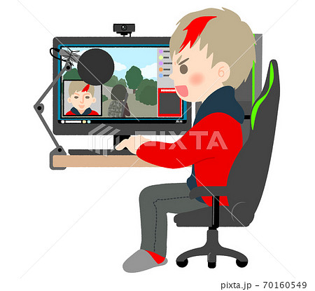 パソコンで顔出しゲーム実況する男性配信者のイラスト素材