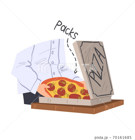 Cooker Packing Pizza, Food Express Delivery Service and Pizza Preparation Cartoon Style Vector Illustration 70161685