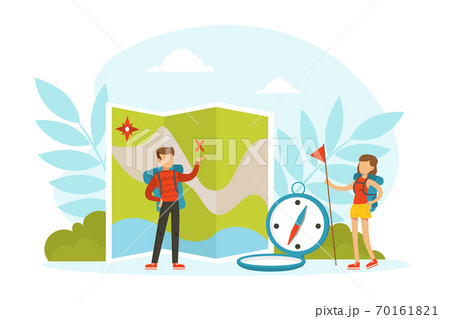 Tiny Tourists Characters with Huge Travel Camping and Hiking Elements, Family Couple Going on Vacation Cartoon Vector Illustration 70161821