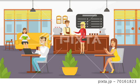 People Relaxing in Cafe Shop, Male Barista Serving Customers at Counter Vector Illustration 70161823