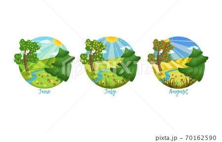 Three Months of the Year Set, Summer Season Nature Landscape, June, July, August Months Vector Illustration 70162590