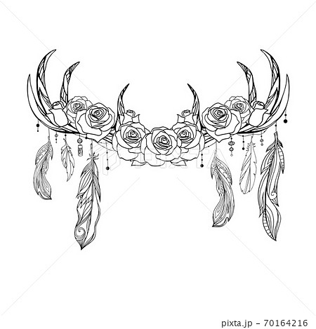 Outline native drawing of deer antlers with feathers and roses. Tribal illustration. Vector boho element 70164216