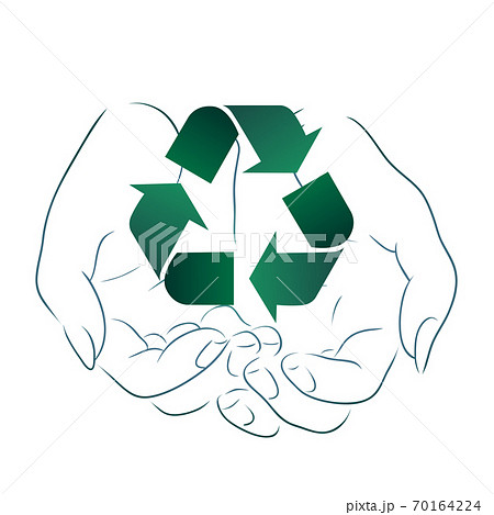 Outline drawing of hands holding a sign of recycling. Recycling and Zero Waste. Outline drawing of hands holding a sign of recycling. Recycling and Zero Waste. 70164224