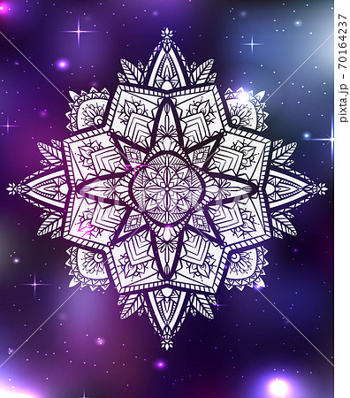 Vector neon illustration of zen mandala with boho pattern, space background with stars and nebula. 70164237