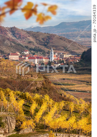 Duernstein village with castle against colorful vineyards during autumn in Wachau, Austria Duernstein village with castle against colorful vineyards during autumn in Wachau, Austria 70164339
