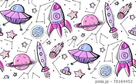 Seamless child pattern of contour colorful illustrations of stars, spaceships and UFOs. Vector pattern Seamless child pattern of contour colorful illustrations of stars, spaceships and UFOs. Vector pattern 70164452