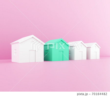 Eco green house among ordinary white houses. Concept 3d illustration 70164482