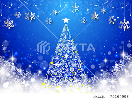 キラキラ クリスマスツリーと雪の結晶オーナメントのシンプルな風景 青のイラスト素材