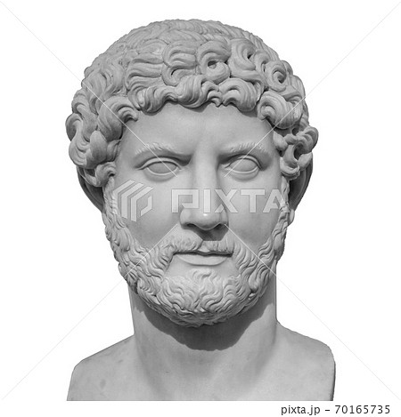 Head and shoulders detail of the ancient man with beard sculpture. Antique face with whiskers statue isolated on white background 70165735