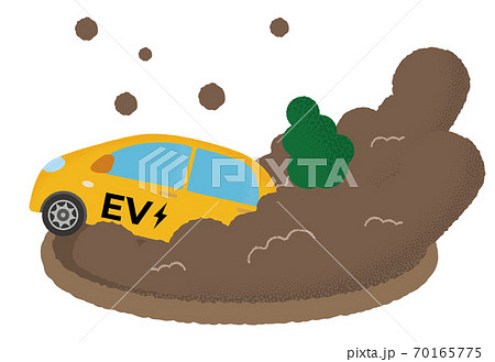 土砂災害に遭う黄色い電気自動車のベクターイラスト 70165775