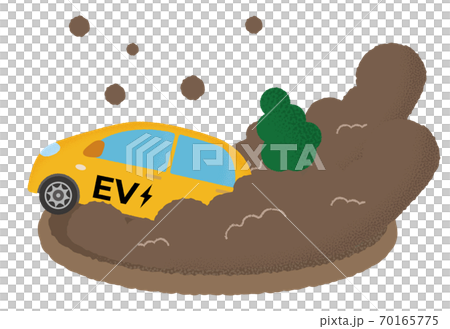 土砂災害に遭う黄色い電気自動車のベクターイラスト 70165775