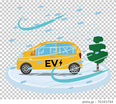 一輛黃色的電動汽車，遭受暴風雪的矢量圖 70165784