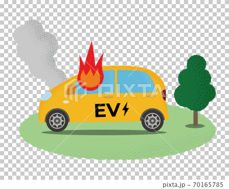 一輛黃色的電動汽車，在火中的矢量圖 70165785