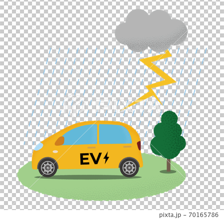 雷雨の被害に遭う黄色い電気自動車のベクターイラストのイラスト素材