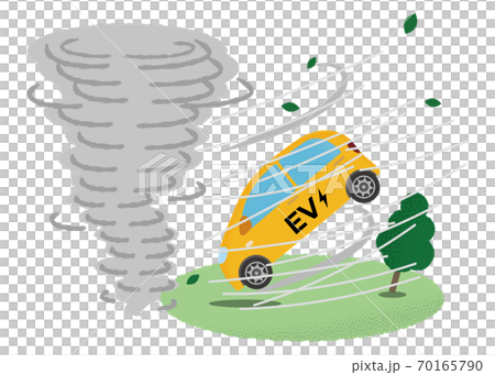一輛黃色的電動汽車，遭受龍捲風的矢量圖 70165790