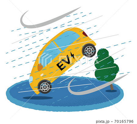 暴風雨の被害に遭う黄色い電気自動車のベクターイラスト 70165796