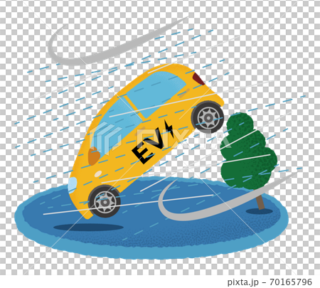 暴風雨の被害に遭う黄色い電気自動車のベクターイラスト 70165796