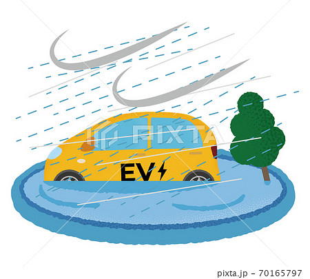暴風雨の被害に遭う黄色い電気自動車のベクターイラスト 70165797