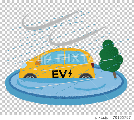暴風雨の被害に遭う黄色い電気自動車のベクターイラスト 70165797