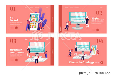 Typing, Education Technology Landing Page Template Set. Tiny Male and Female Characters at Huge Computer with Keyboard Typing, Education Technology Landing Page Template Set. Tiny Male and Female Characters at Huge Computer with Keyboard 70166122