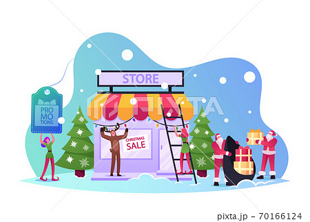 Christmas Promotion, Santa Claus Character with Gift Bag, Elf Holding Sale Banner, Reindeer Promoter Calling Customers 70166124