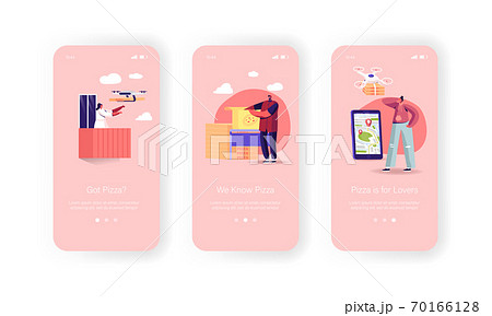 Air Drones Pizza Boxes Delivering to Customers Mobile App Page Onboard Screen Template. Remote Quadcopter Food Delivery Air Drones Pizza Boxes Delivering to Customers Mobile App Page Onboard Screen Template. Remote Quadcopter Food Delivery 70166128