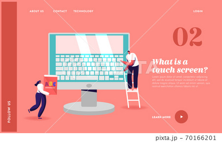 Office Work, Education Landing Page Template. Tiny Characters at Huge Computer Monitor with Keyboard on Screen, Typing Office Work, Education Landing Page Template. Tiny Characters at Huge Computer Monitor with Keyboard on Screen, Typing 70166201
