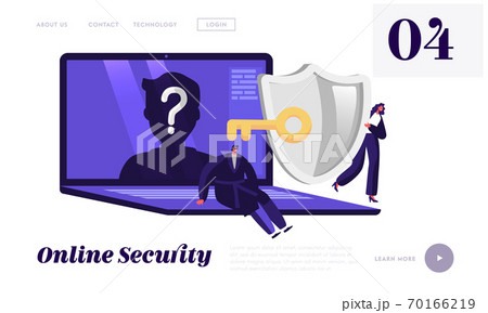 Online Anonymity Landing Page Template. Tiny Characters at Huge Device with Anonymous Unrecognizable Profile and Key 70166219