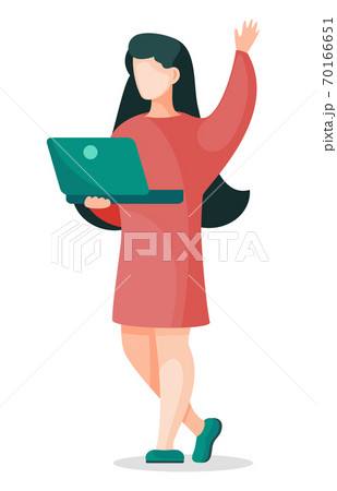 Woman with Laptop in Red Dress Waving Hand. Vector Woman with Laptop in Red Dress Waving Hand. Vector 70166651