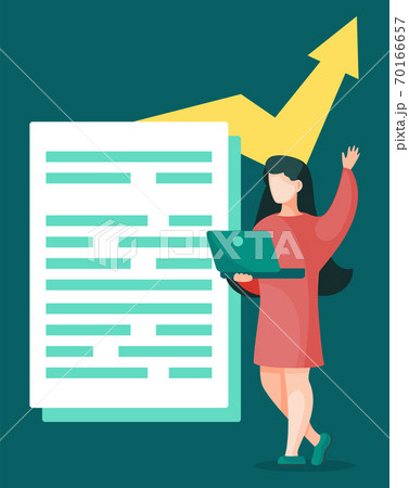 Woman Working on Laptop, Lady near Paper Documents 70166657