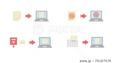 電子化 デジタル化のアイコンのセット ファイル 書類 インターネット パソコン 印鑑 効率化のイラスト素材