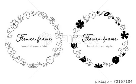 手描きの花の丸いフレームのセット おしゃれ かわいい 背景 シンプル 植物 葉 枠 タイトルのイラスト素材