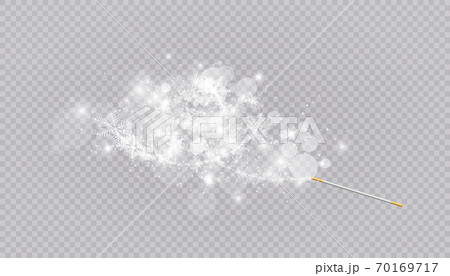 Magic wand with heart shaped snowflakes in a flat style in continuous drawing lines. Trace of white dust. Magic abstract background isolated on on transparent background. Miracle and magic. Vector 70169717