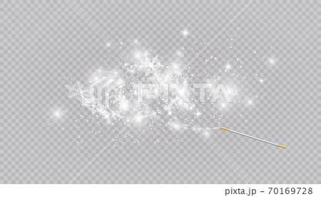 Magic wand with heart shaped snowflakes in a flat style in continuous drawing lines. Trace of white dust. Magic abstract background isolated on on transparent background. Miracle and magic. Vector 70169728