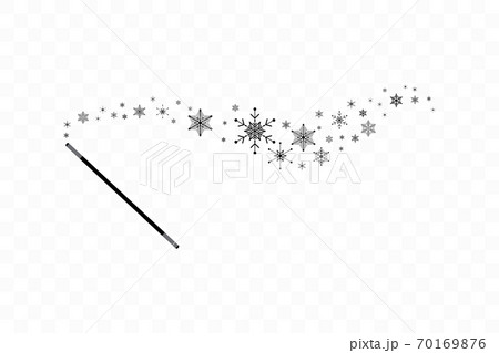 Magic wand with a snowflakes. Trace of black dust. Magic abstract background isolated on on transparent background. Miracle and magic. Vector illustration flat design. Magic wand with a snowflakes. Trace of black dust. Magic abstract background isolated on on transparent background. Miracle and magic. Vector illustration flat design. 70169876