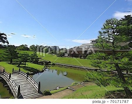 橋と池が綺麗な日本庭園と青空のイラスト素材