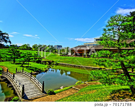 池に橋が架かる日本庭園と青空のイラスト素材