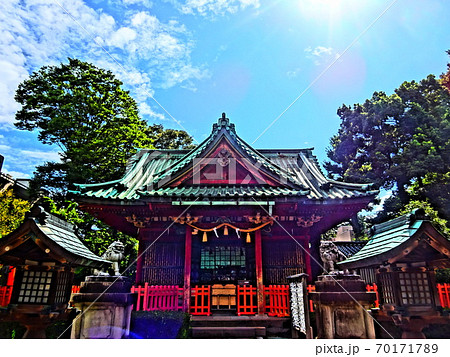 真夏の澄み渡る空と神社のイラスト素材