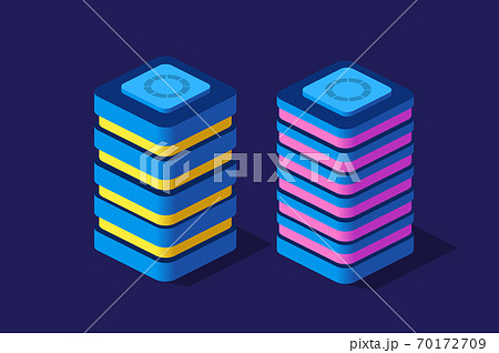 Set of isometric modern buildings Night business city 3D future Set of isometric modern buildings Night business city 3D future 70172709
